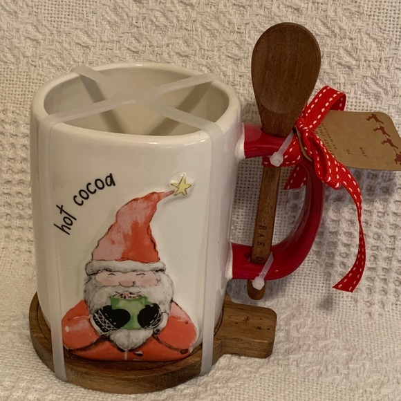 RAE DUNN Artisan Collection Santa Hot Beverage Mug With Wooden Spoon & Coaster - Picture 3 of 7